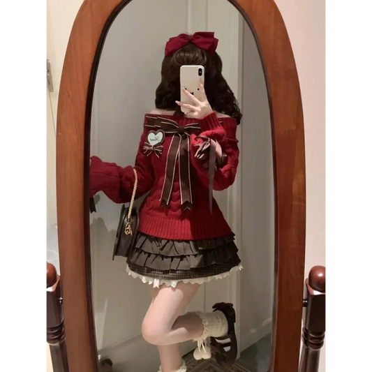 Y2K Off Shoulder Bow Sweater & Ruched Skirt Set – Autumn Knit - Bottoms - Clothing Sets - 2