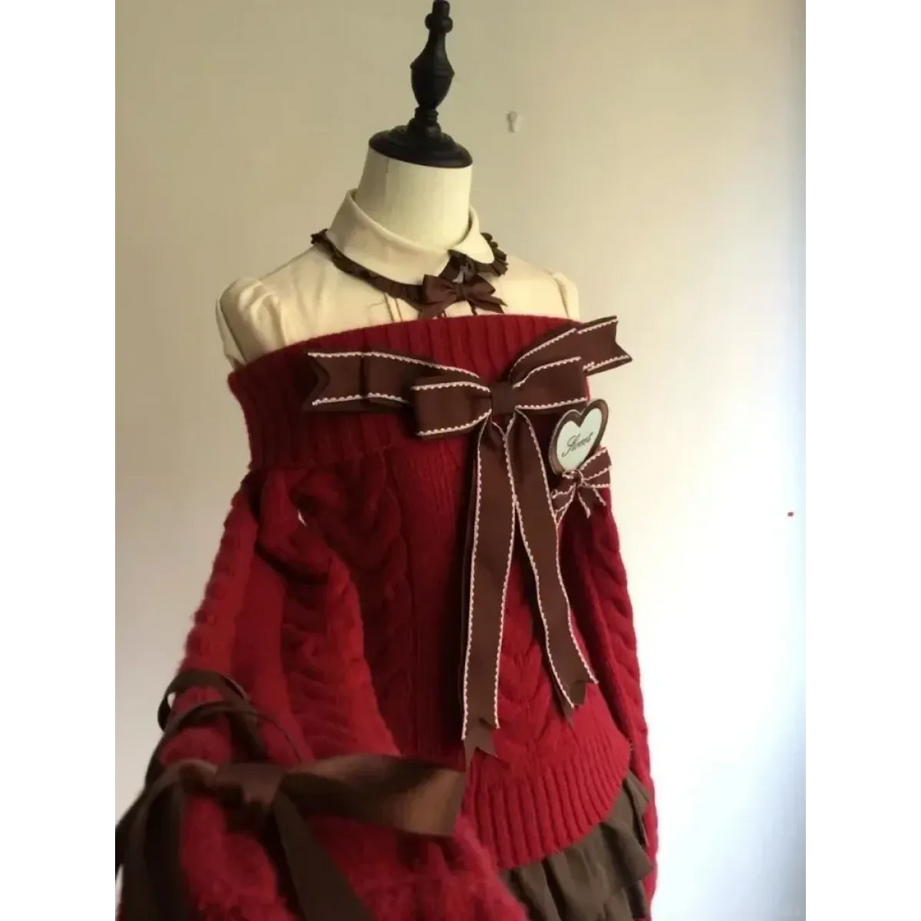 Y2K Off Shoulder Bow Sweater & Ruched Skirt Set – Autumn Knit - Bottoms - Clothing Sets - 6