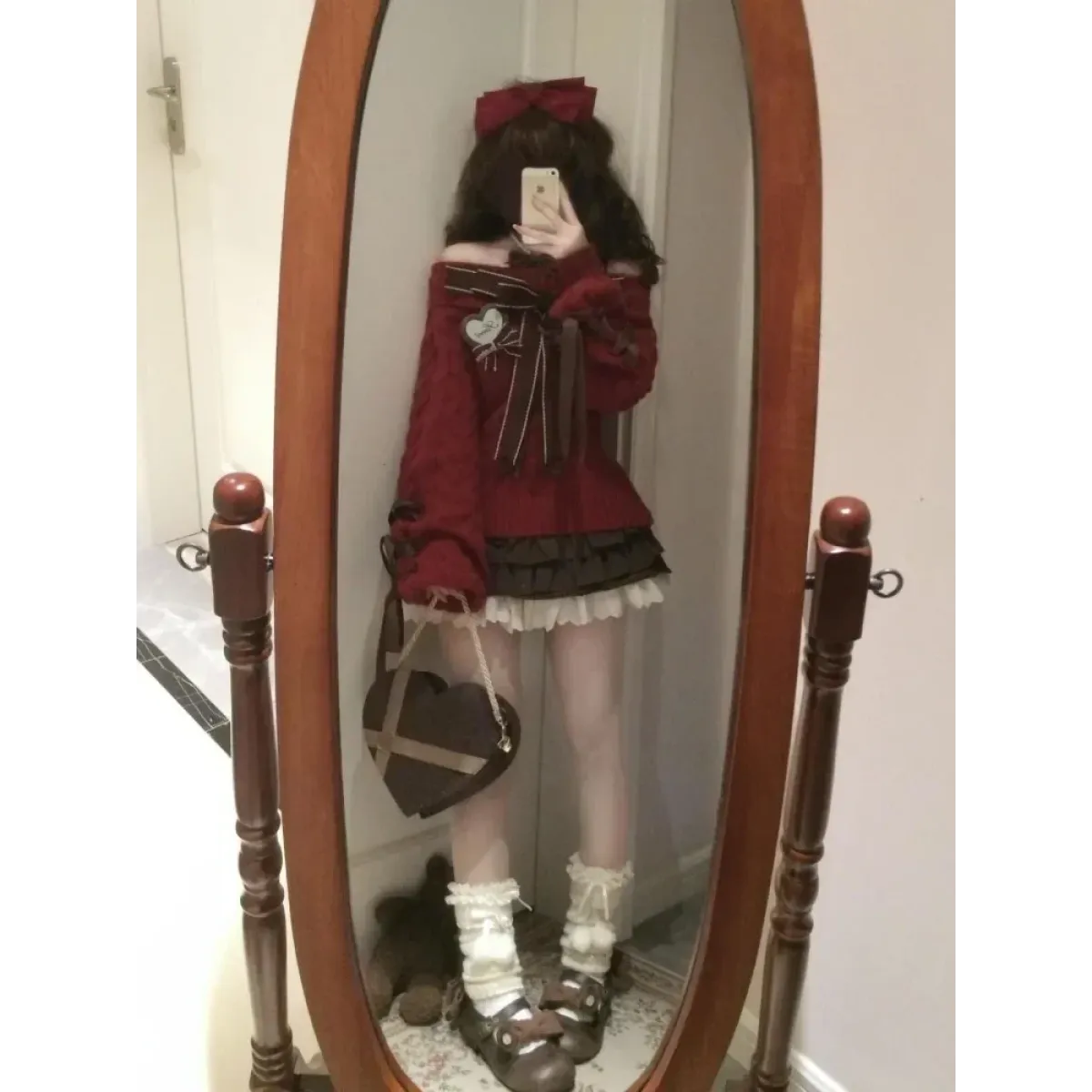 Y2K Off Shoulder Bow Sweater & Ruched Skirt Set – Autumn Knit - Bottoms - Clothing Sets - 3