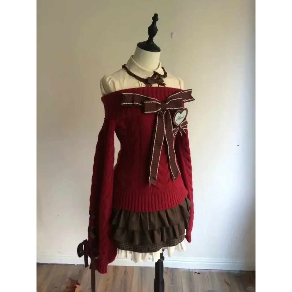 Y2K Off Shoulder Bow Sweater & Ruched Skirt Set – Autumn Knit - Bottoms - Clothing Sets - 7