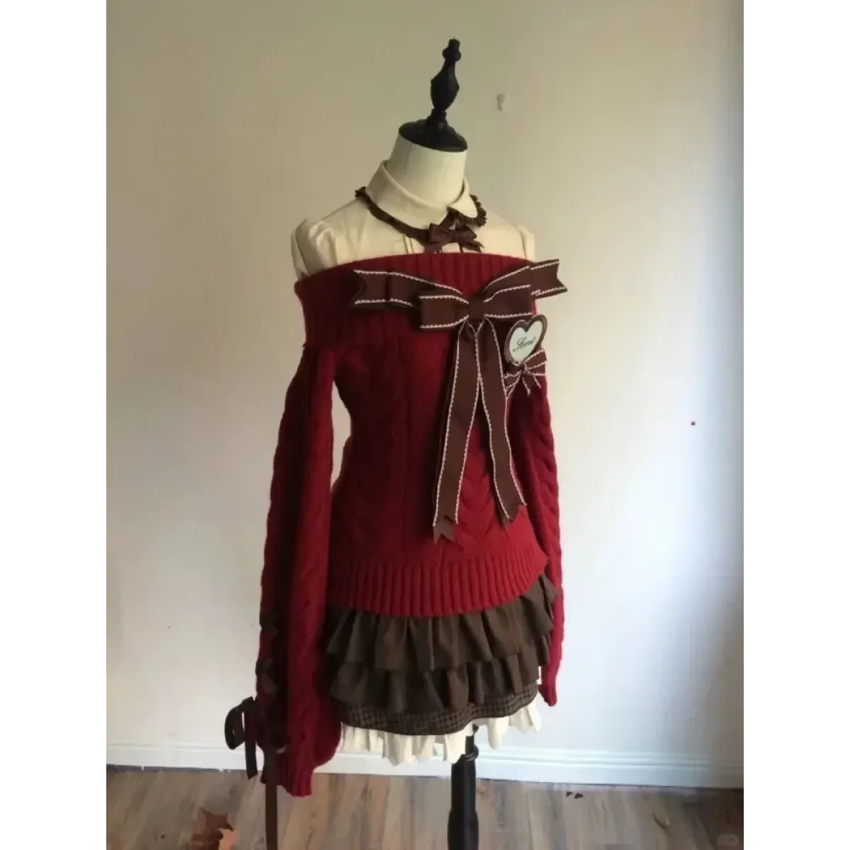 Y2K Off Shoulder Bow Sweater & Ruched Skirt Set – Autumn Knit - Bottoms - Clothing Sets - 7