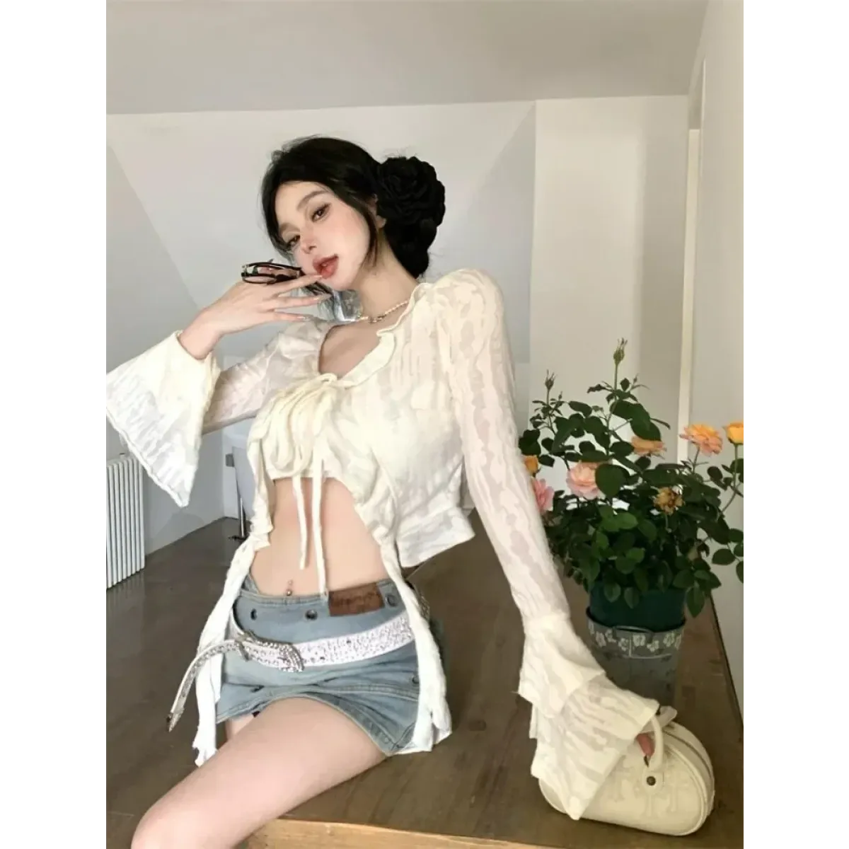 Y2K Ruffle V-Neck Lace-Up Cardigan Top - Women’s Clothing & Accessories - Cardigan - 2