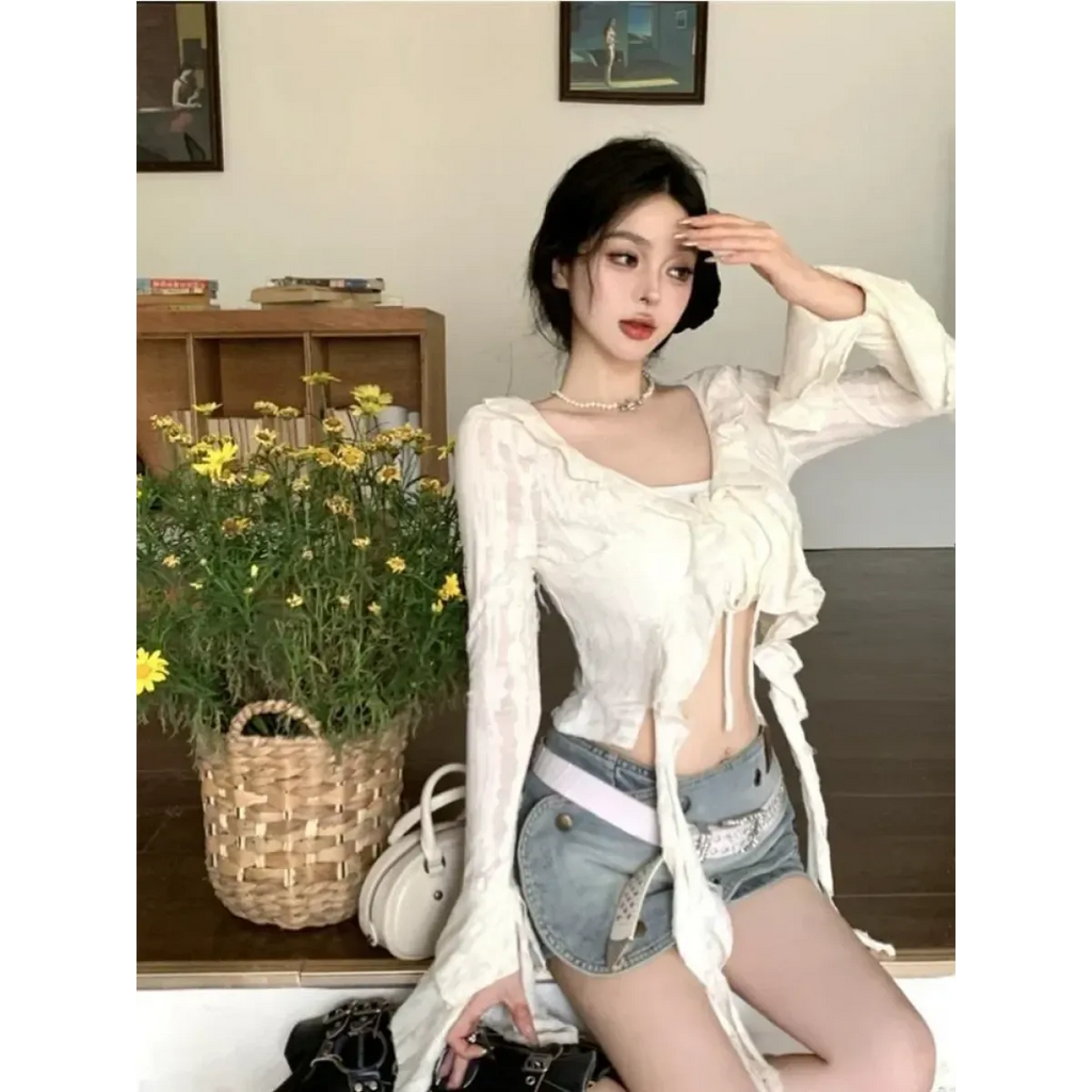 Y2K Ruffle V-Neck Lace-Up Cardigan Top - Women’s Clothing & Accessories - Cardigan - 3