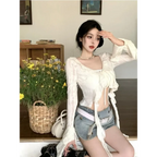 Y2K Ruffle V-Neck Lace-Up Cardigan Top - Women’s Clothing & Accessories - Cardigan - 3