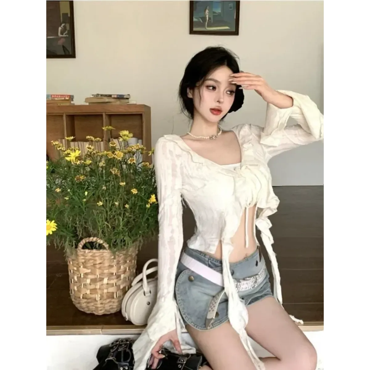 Y2K Ruffle V-Neck Lace-Up Cardigan Top - Women’s Clothing & Accessories - Cardigan - 3