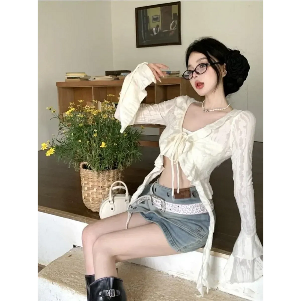 Y2K Ruffle V-Neck Lace-Up Cardigan Top - Women’s Clothing & Accessories - Cardigan - 4