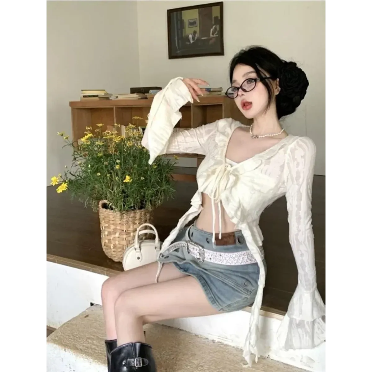 Y2K Ruffle V-Neck Lace-Up Cardigan Top - Women’s Clothing & Accessories - Cardigan - 4