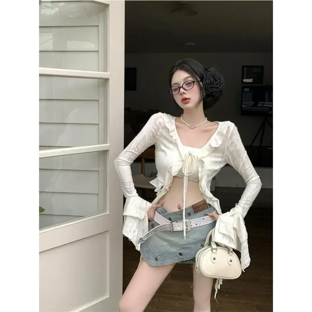 Y2K Ruffle V-Neck Lace-Up Cardigan Top - Women’s Clothing & Accessories - Cardigan - 5