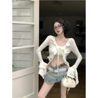 Y2K Ruffle V-Neck Lace-Up Cardigan Top - Women’s Clothing & Accessories - Cardigan - 5