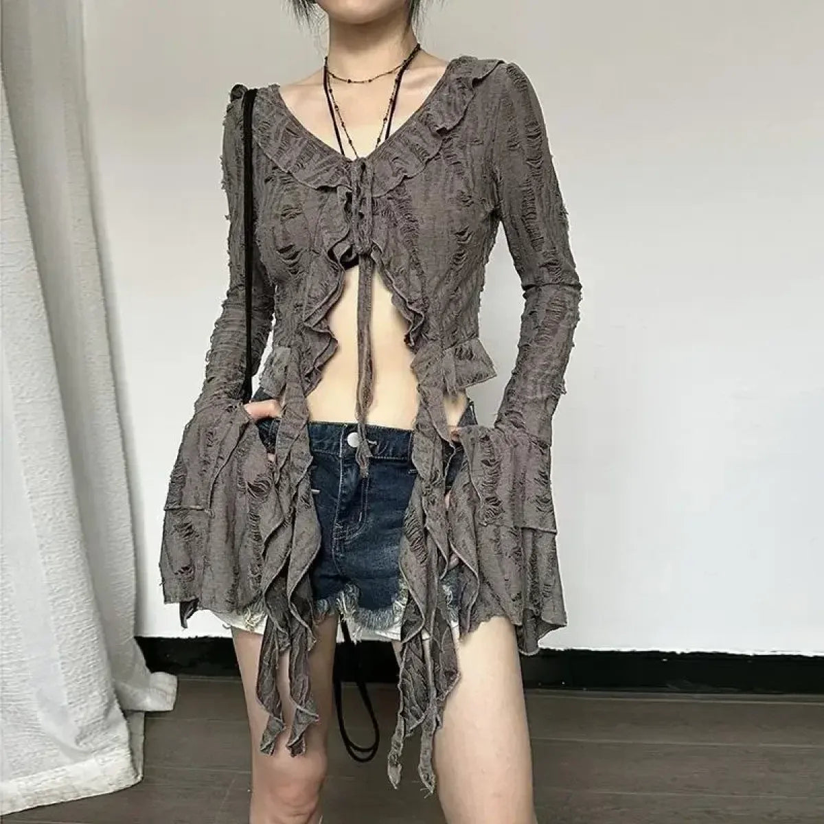 Y2K Ruffle V-Neck Lace-Up Cardigan Top - Best Sellers - Cardigan - 7