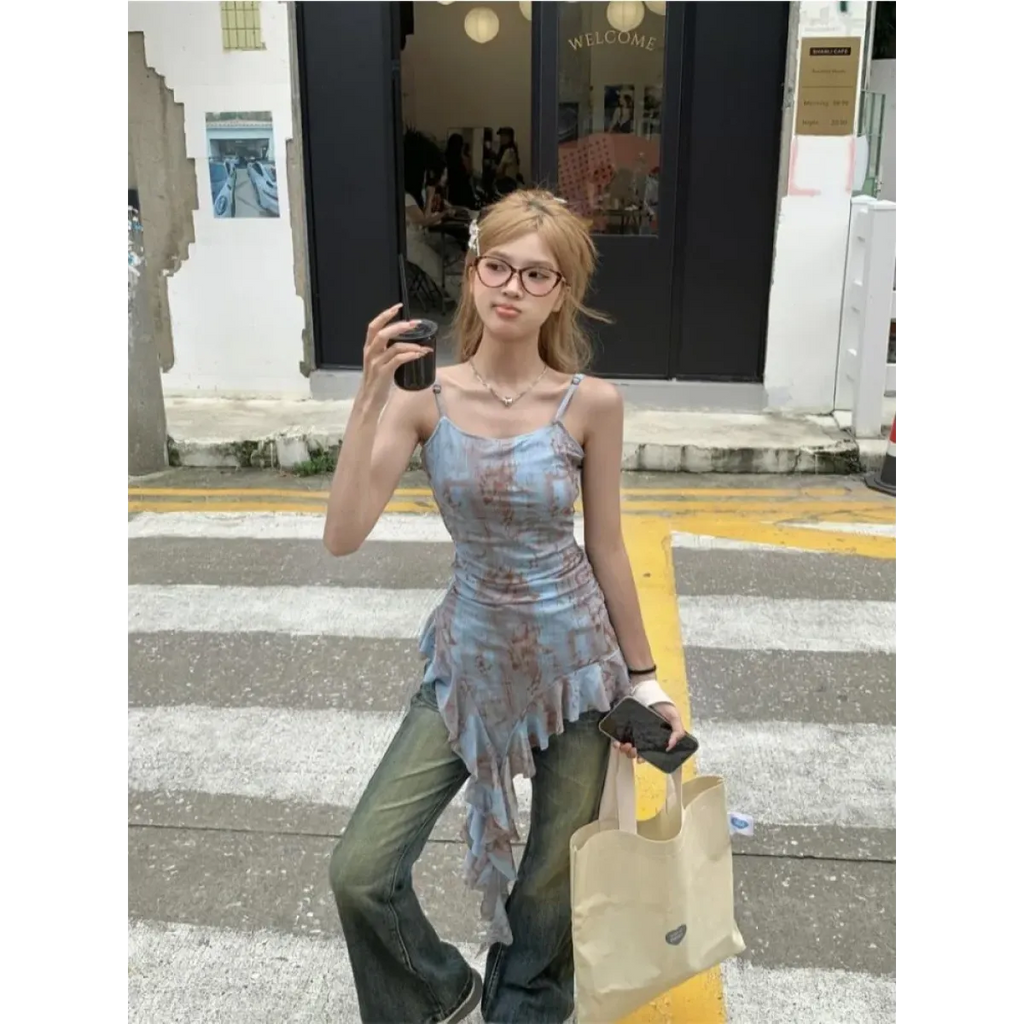 Y2K Tie-Dye Ruffle Tank Top - Tops & Tees - Tops - 1