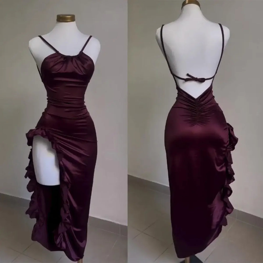 Y2K Sexy Halter Dress - Ruffled High-Slit Spice Girl Gown - All Dresses - Sleeveless - Off-Shoulder - Dresses - 1