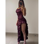 Y2K Sexy Halter Dress - Ruffled High-Slit Spice Girl Gown - All Dresses - Sleeveless - Off-Shoulder - Dresses - 2