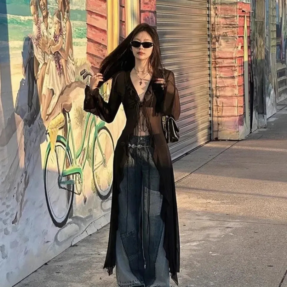 Y2K Sheer Lace-Up Longline Cardigan - Women’s Clothing & Accessories - Cardigan - 1