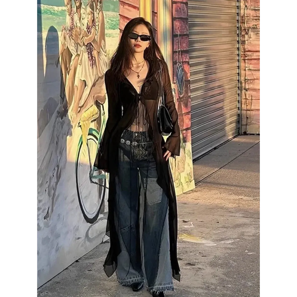 Y2K Sheer Lace-Up Longline Cardigan - Women’s Clothing & Accessories - Cardigan - 2