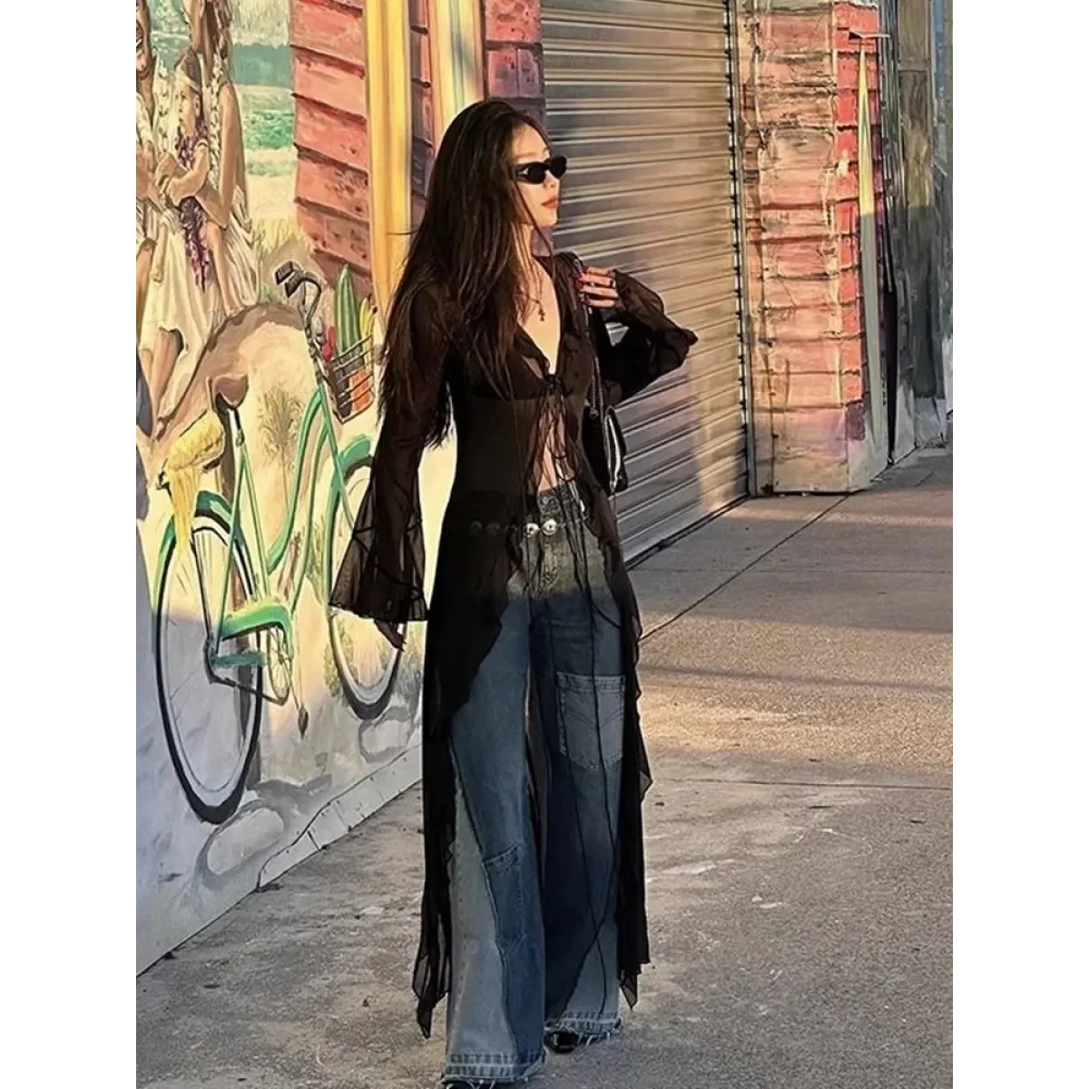 Y2K Sheer Lace-Up Longline Cardigan - Women’s Clothing & Accessories - Cardigan - 3