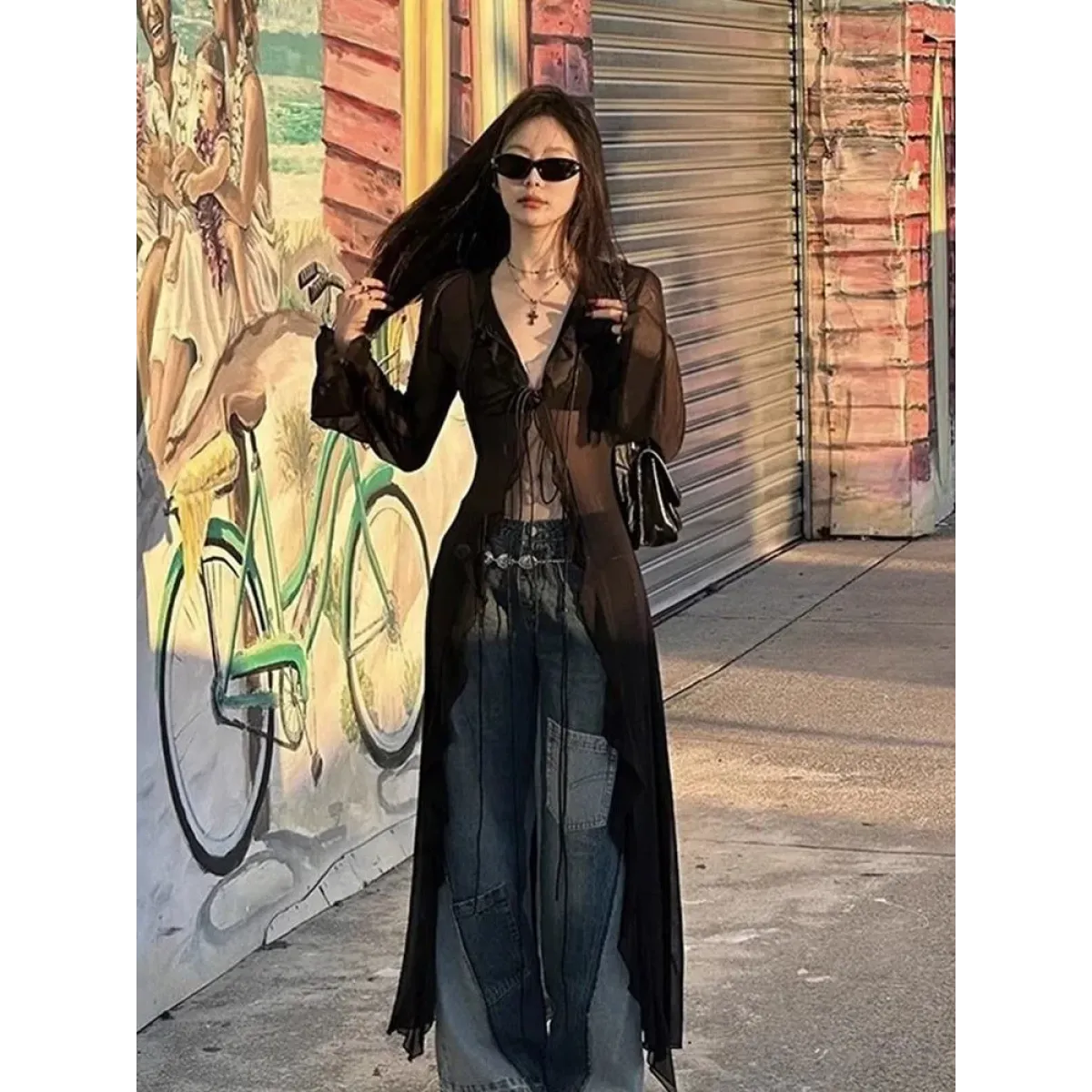 Y2K Sheer Lace-Up Longline Cardigan - Women’s Clothing & Accessories - Cardigan - 4