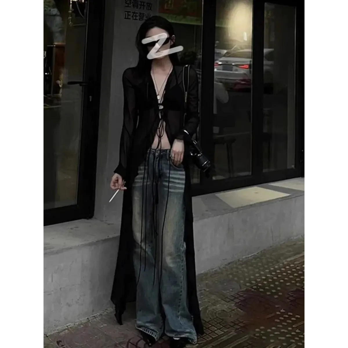 Y2K Sheer Lace-Up Longline Cardigan - Women’s Clothing & Accessories - Cardigan - 6