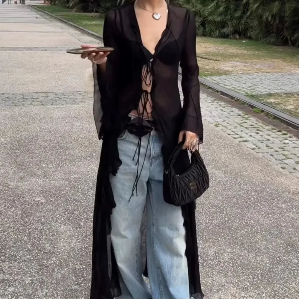 Y2K Sheer Long Tie-Front Cardigan Top - Women’s Clothing & Accessories - Cardigan - 1
