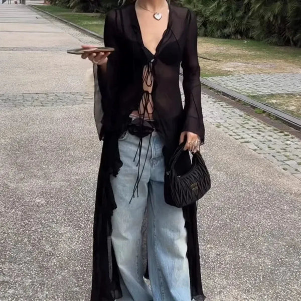 Y2K Sheer Long Tie-Front Cardigan Top - Women’s Clothing & Accessories - Cardigan - 1