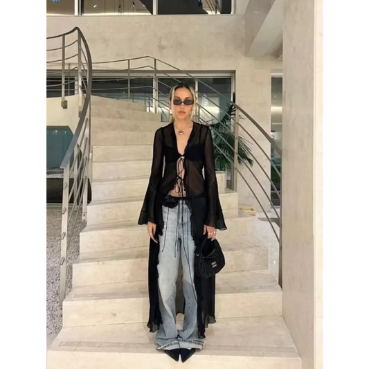 Y2K Sheer Long Tie-Front Cardigan Top - Women’s Clothing & Accessories - Cardigan - 2