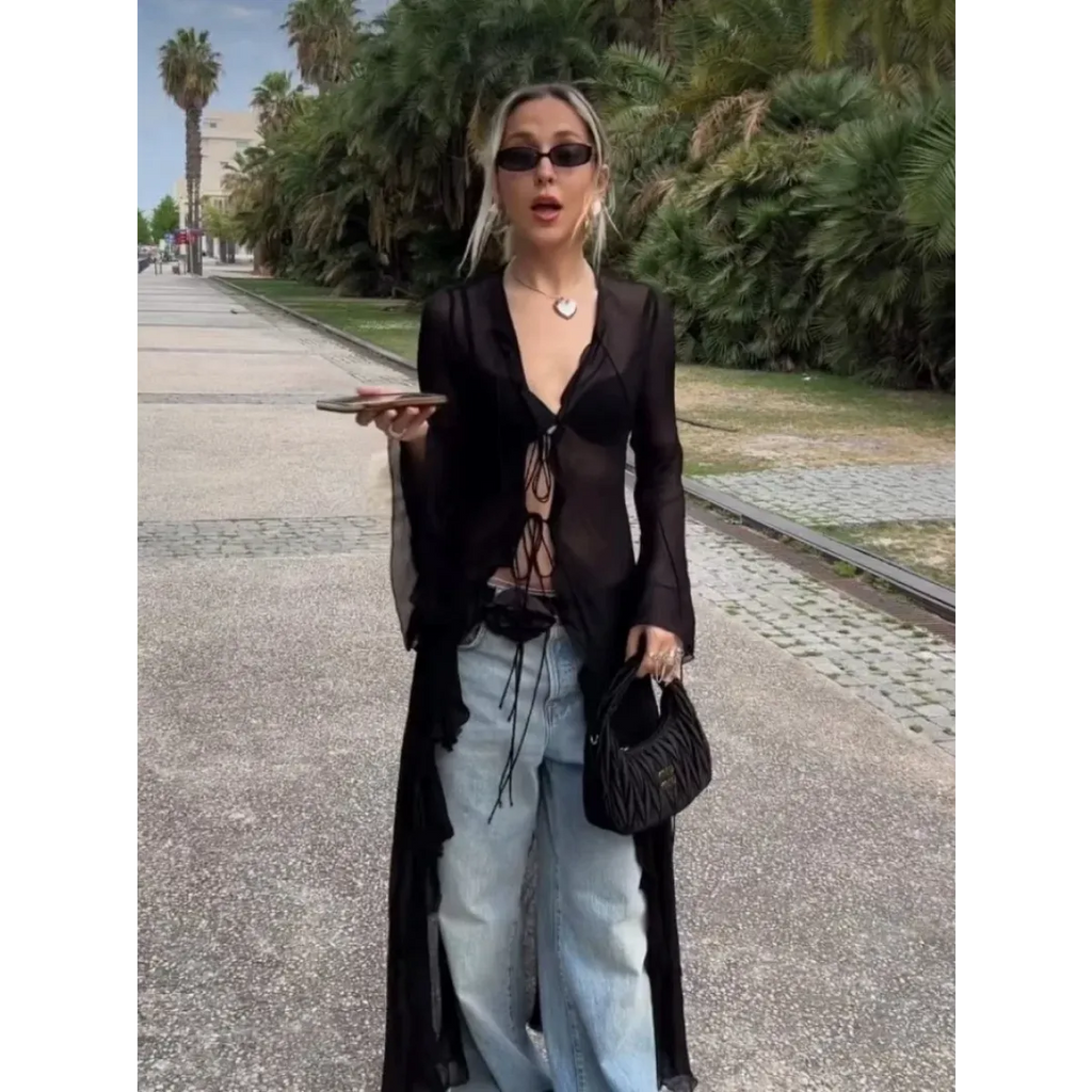 Y2K Sheer Long Tie-Front Cardigan Top - Women’s Clothing & Accessories - Cardigan - 4