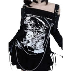 Gothic Punk Off-Shoulder Top – Y2K Skull Print Tee - T-Shirts - Long - Square - T-Shirts - 6