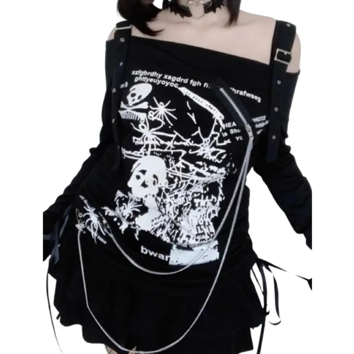 Gothic Punk Off-Shoulder Top – Y2K Skull Print Tee - T-Shirts - Long - Square - T-Shirts - 6