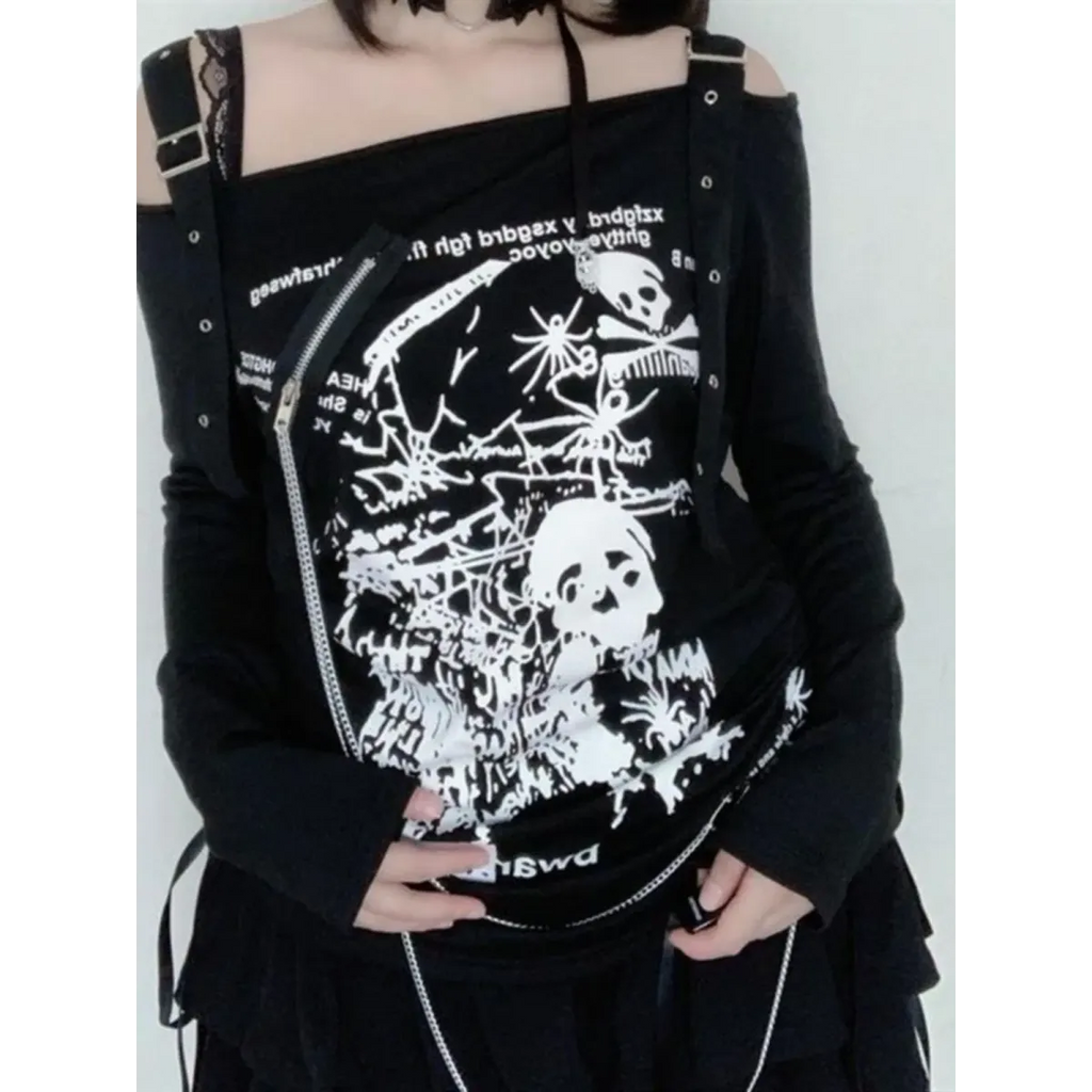 Gothic Punk Off-Shoulder Top – Y2K Skull Print Tee - T-Shirts - Long - Square - T-Shirts - 2
