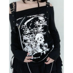 Gothic Punk Off-Shoulder Top – Y2K Skull Print Tee - T-Shirts - Long - Square - T-Shirts - 2