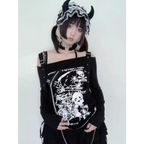 Gothic Punk Off-Shoulder Top – Y2K Skull Print Tee - T-Shirts - Long - Square - T-Shirts - 5