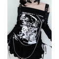 Gothic Punk Off-Shoulder Top – Y2K Skull Print Tee - T-Shirts - Long - Square - T-Shirts - 1
