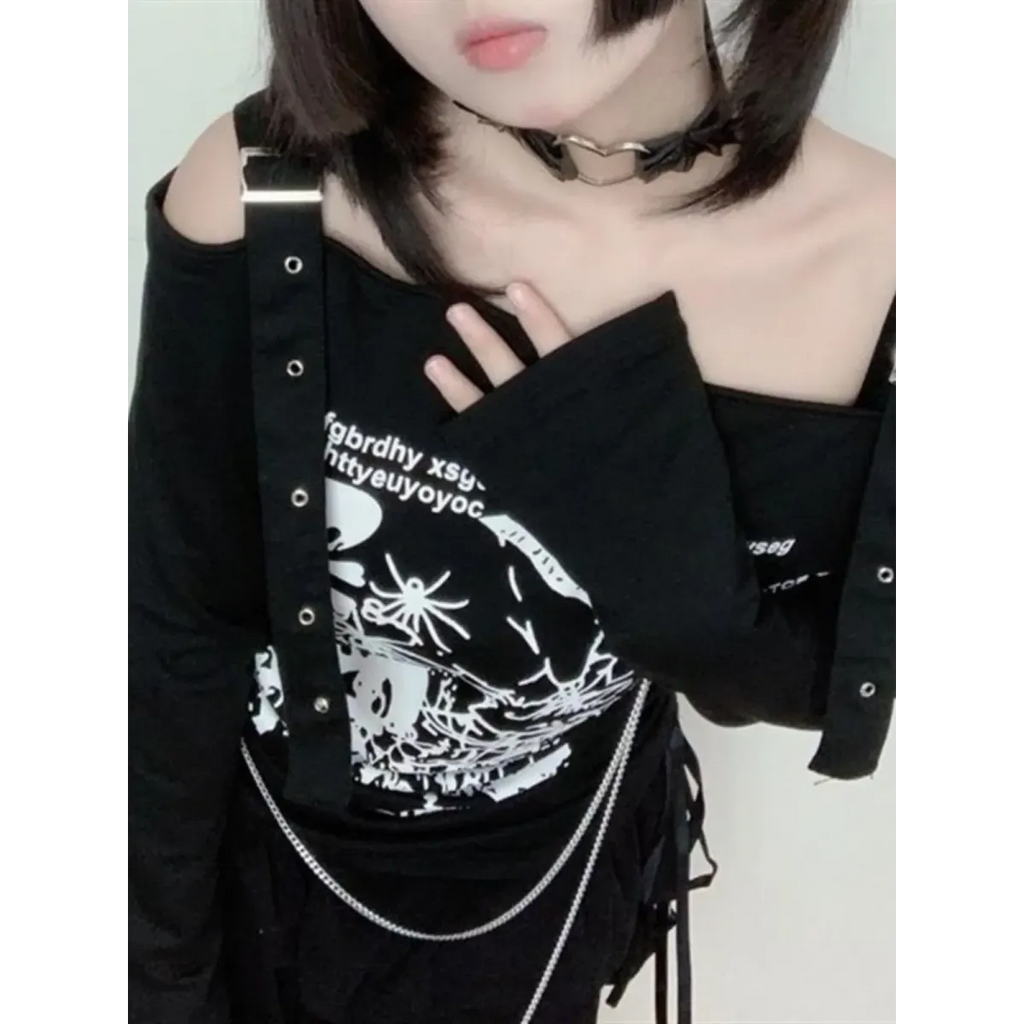 Gothic Punk Off-Shoulder Top – Y2K Skull Print Tee - T-Shirts - Long - Square - T-Shirts - 4
