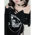 Gothic Punk Off-Shoulder Top – Y2K Skull Print Tee - T-Shirts - Long - Square - T-Shirts - 4