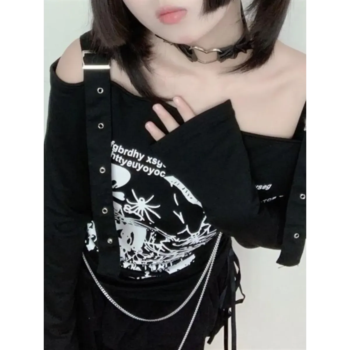Gothic Punk Off-Shoulder Top – Y2K Skull Print Tee - T-Shirts - Long - Square - T-Shirts - 4