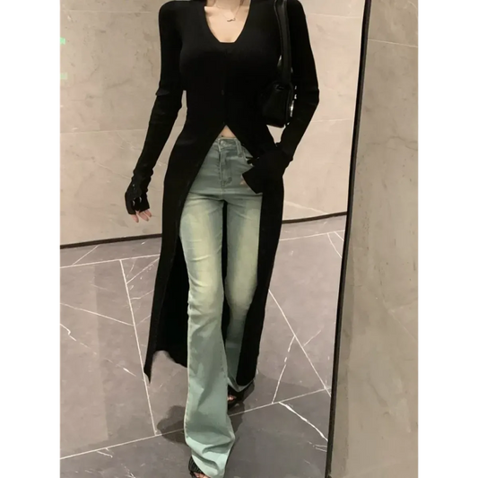 Y2K Longline V-Neck Knit Cardigan - Women’s Clothing & Accessories - Cardigan - 1