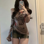 Graffiti Mesh One Shoulder Top – Y2K Slim Fit Drawstring Tee - T-Shirts - Long - T-Shirts - 1