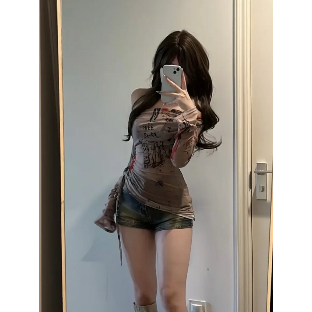 Graffiti Mesh One Shoulder Top – Y2K Slim Fit Drawstring Tee - T-Shirts - Long - T-Shirts - 2