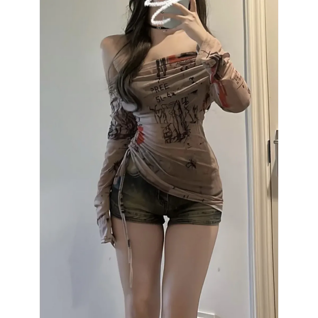 Graffiti Mesh One Shoulder Top – Y2K Slim Fit Drawstring Tee - T-Shirts - Long - T-Shirts - 3