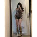 Graffiti Mesh One Shoulder Top – Y2K Slim Fit Drawstring Tee - T-Shirts - Long - T-Shirts - 4