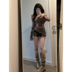 Graffiti Mesh One Shoulder Top – Y2K Slim Fit Drawstring Tee - T-Shirts - Long - T-Shirts - 5