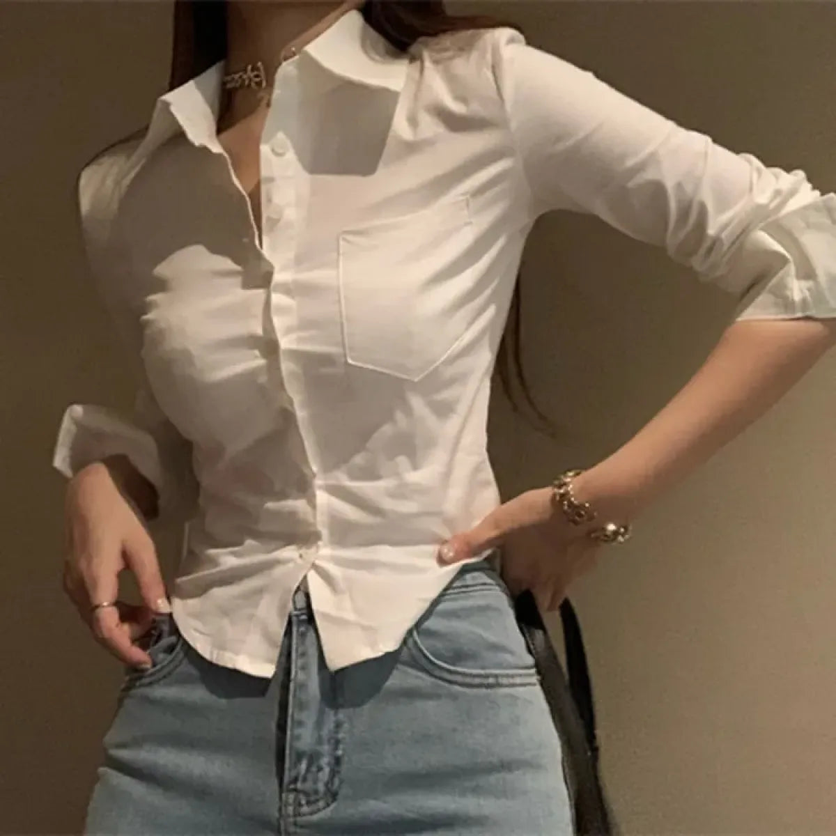 Y2K Slim Fit Lapel Blouse with Single Pocket - Blouses & Shirts - Button-Up Shirt - 1