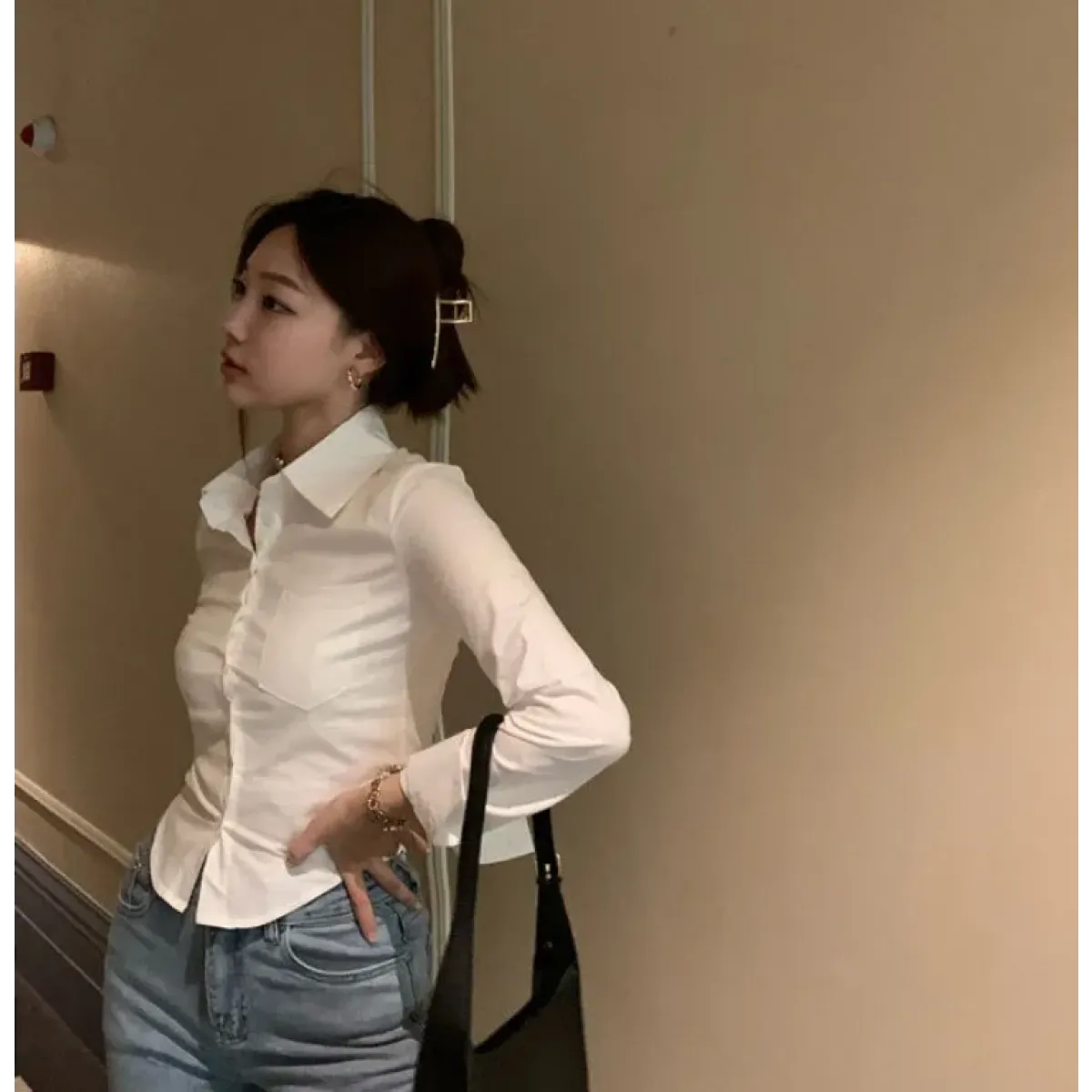 Y2K Slim Fit Lapel Blouse with Single Pocket - Blouses & Shirts - Button-Up Shirt - 2