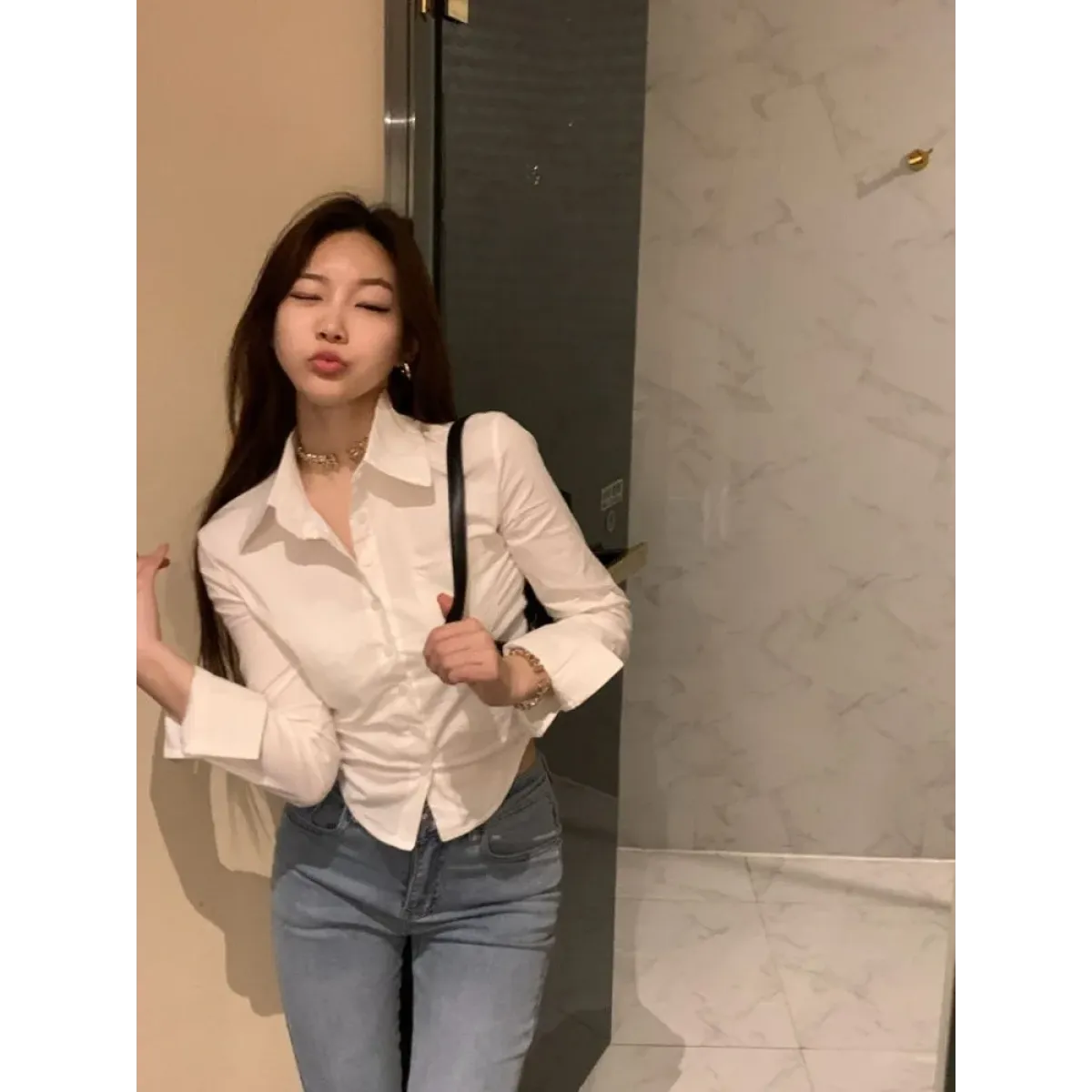 Y2K Slim Fit Lapel Blouse with Single Pocket - Blouses & Shirts - Button-Up Shirt - 3