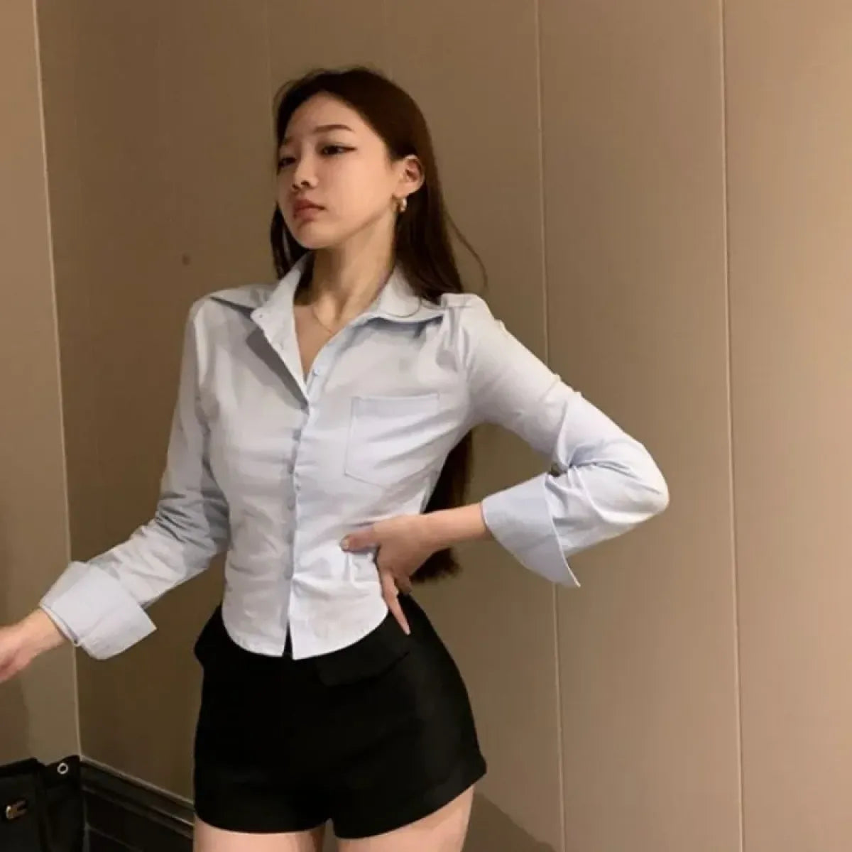 Y2K Slim Fit Lapel Blouse with Single Pocket - Blouses & Shirts - Button-Up Shirt - 5