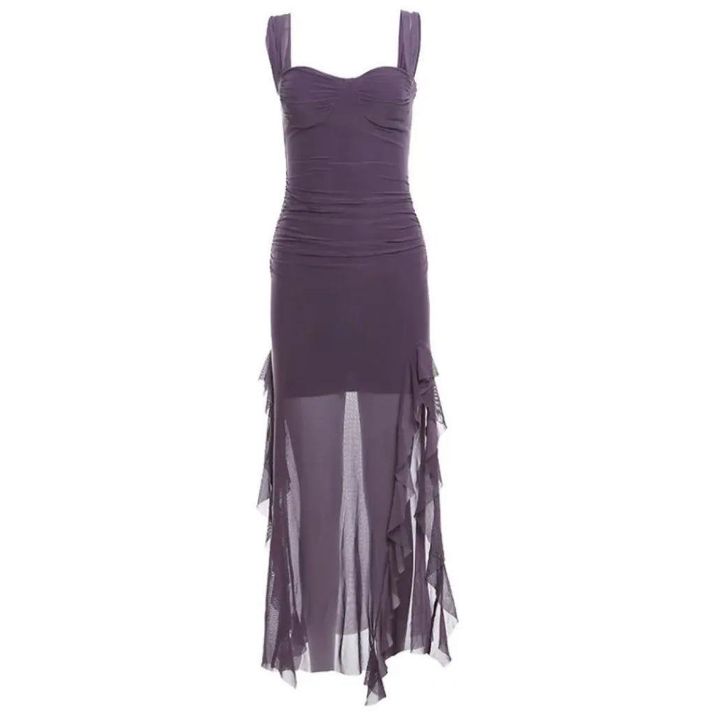 Sheer Mesh Ruffle Dress – Y2K Slim Fit High Slit Aesthetic - All Dresses - Short - Square - Dresses - 7