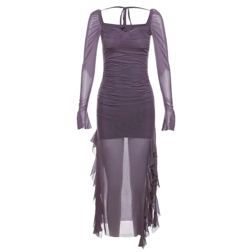 Sheer Mesh Ruffle Dress – Y2K Slim Fit High Slit Aesthetic - All Dresses - Short - Square - Dresses - 9
