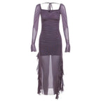 Sheer Mesh Ruffle Dress – Y2K Slim Fit High Slit Aesthetic - All Dresses - Short - Square - Dresses - 9