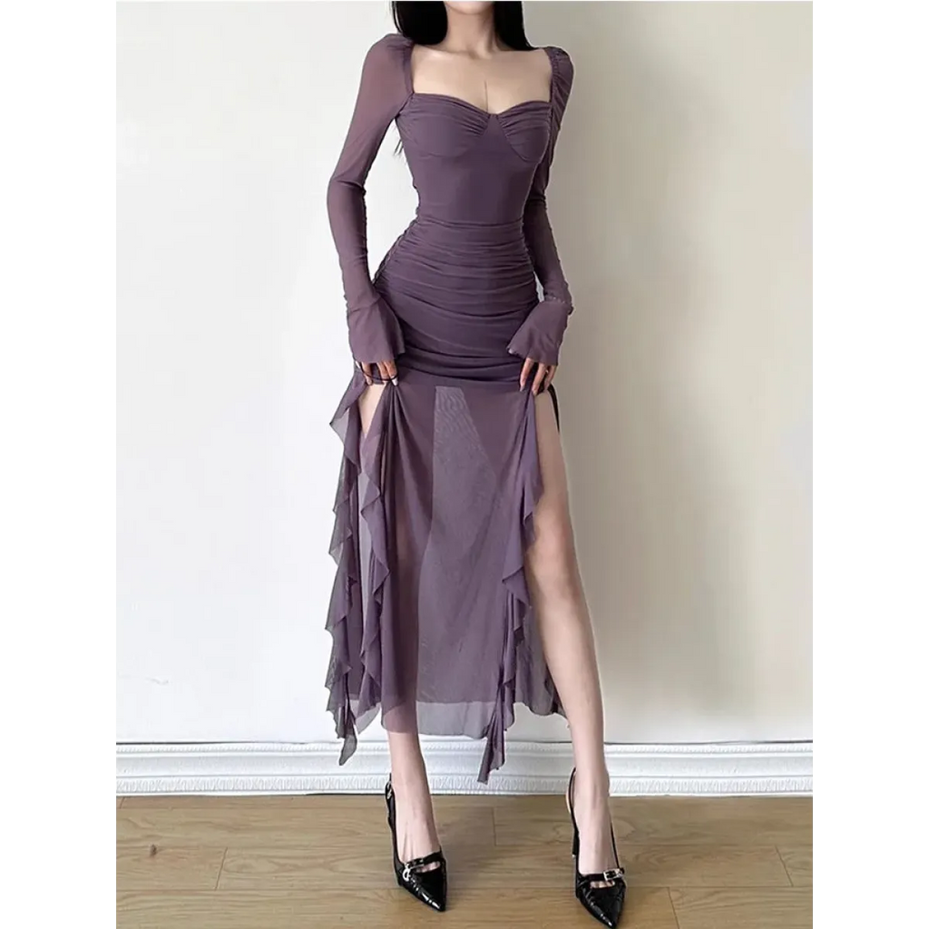 Sheer Mesh Ruffle Dress – Y2K Slim Fit High Slit Aesthetic - All Dresses - Short - Square - Dresses - 3