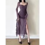 Sheer Mesh Ruffle Dress – Y2K Slim Fit High Slit Aesthetic - All Dresses - Short - Square - Dresses - 3